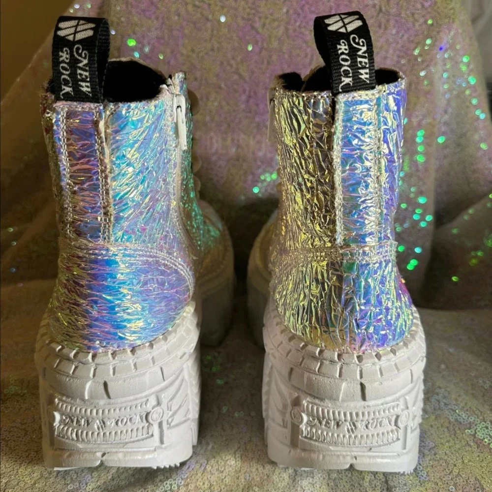 New Rock Dolls Kill Holographic M-WALL005-V44 Platform Boots Iridescent Festival - Picture 6 of 9